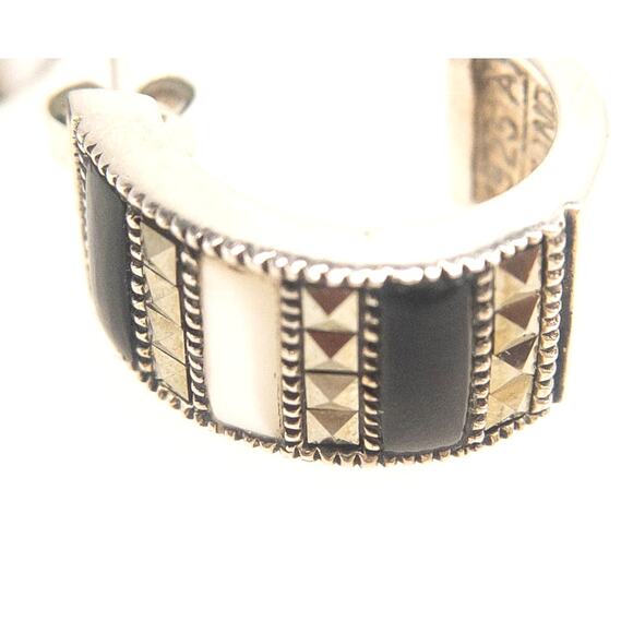 Sterling Silver Onyx & Mother of Pearl Marcasite Hoop Earrings 925 - Picture 4 of 11